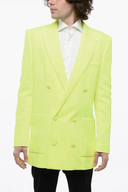 Balmain Double-Breasted Neon Blazer With Patch Pockets Monochromatic Office Style
