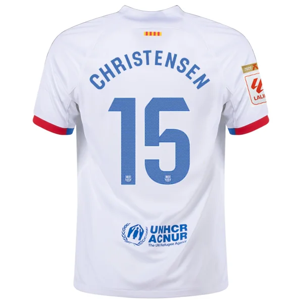 Nike Barcelona Andreas Christensen Away Jersey w/ La Liga Champions Patches 23/24 (White/Royal Blue) Confident Men's High Nike Barcelona Andreas Christensen Away Jersey w/ La Liga Champions Patches 23/24 (White/Royal Blue) Confident Men's High