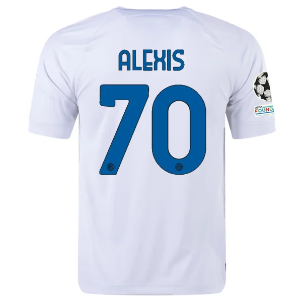 Nike Inter Milan Alexis Sanchez Away Jersey w/ Champions League + Copa Italia Patches 23/24 (White/Lyon Blue) Polished Men's Satin Nike Inter Milan Alexis Sanchez Away Jersey w/ Champions League + Copa Italia Patches 23/24 (White/Lyon Blue) Polished Men's Satin