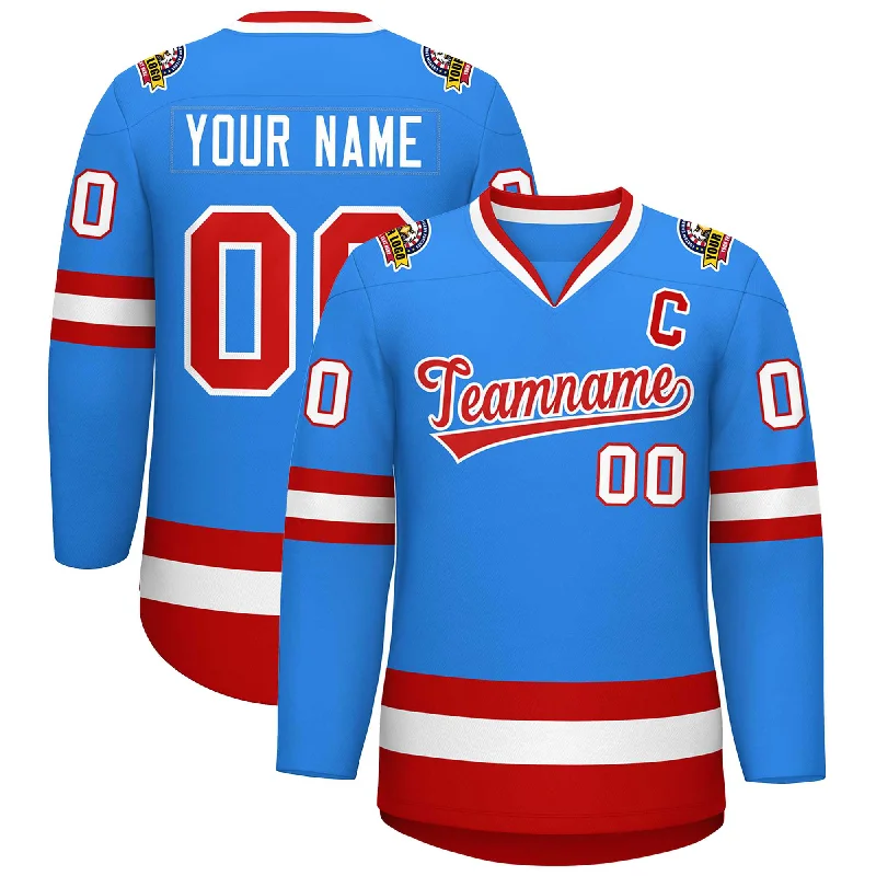 Custom Powder Blue Red-White Classic Style Hockey Jersey Dynamic Men's Moto