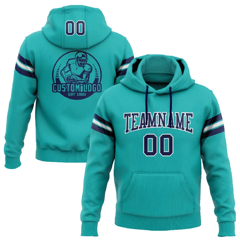 Custom Stitched Aqua Navy-White Football Pullover Sweatshirt Hoodie Laid