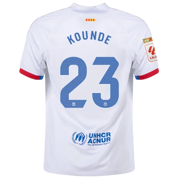 Nike Barcelona Jules Kounde Away Jersey w/ La Liga Champions Patches 23/24 (White/Royal Blue) Tough Men's Military Nike Barcelona Jules Kounde Away Jersey w/ La Liga Champions Patches 23/24 (White/Royal Blue) Tough Men's Military