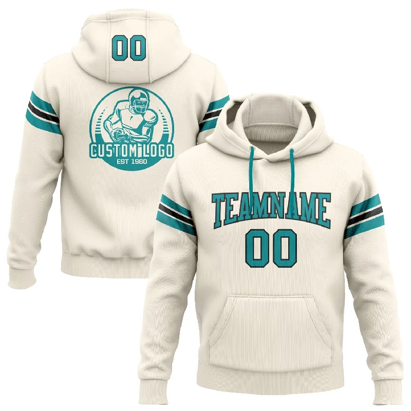 Custom Stitched Cream Teal-Black Football Pullover Sweatshirt Hoodie Luxurious Men's High Custom Stitched Cream Teal-Black Football Pullover Sweatshirt Hoodie Luxurious Men's High