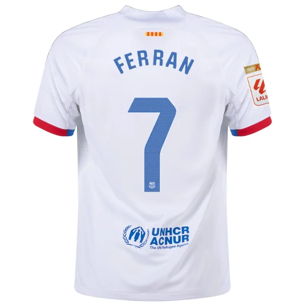 Nike Barcelona Ferran Torres Away Jersey w/ La Liga Champions Patches 23/24 (White/Royal Blue) Artistic Men's Hand