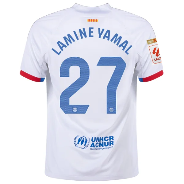 Nike Barcelona Lamine Yamal Away Jersey w/ La Liga Champions Patches 23/24 (White/Royal Blue) Unique Men's Upcycled Nike Barcelona Lamine Yamal Away Jersey w/ La Liga Champions Patches 23/24 (White/Royal Blue) Unique Men's Upcycled