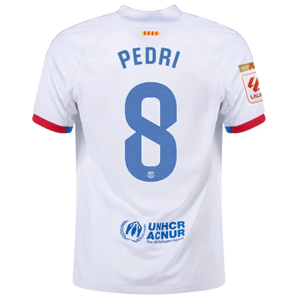 Nike Barcelona Pedri Away Jersey w/ La Liga Champions Patches 23/24 (White/Royal Blue) Modern Men's Nike Barcelona Pedri Away Jersey w/ La Liga Champions Patches 23/24 (White/Royal Blue) Modern Men's