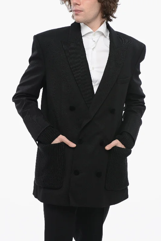 Balmain Double-Breasted Twill Wool Blazer With Knitted Pockets And C Traditional Men's Wool
