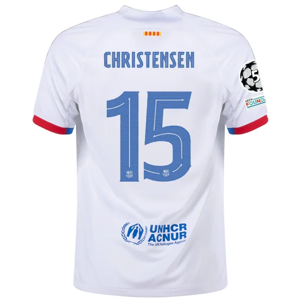 Nike Barcelona Andreas Christensen Away Jersey w/ Champions League Patches 23/24 (White/Royal Blue) Street Nike Barcelona Andreas Christensen Away Jersey w/ Champions League Patches 23/24 (White/Royal Blue) Street