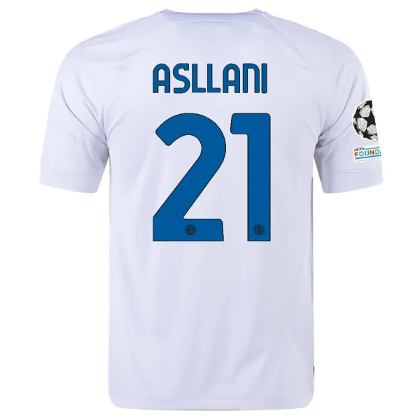 Nike Inter Milan Kristjan Asllani Away Jersey w/ Champions League + Copa Italia Patches 23/24 (White/Lyon Blue) Unique Men's Upcycled Nike Inter Milan Kristjan Asllani Away Jersey w/ Champions League + Copa Italia Patches 23/24 (White/Lyon Blue) Unique Men's Upcycled
