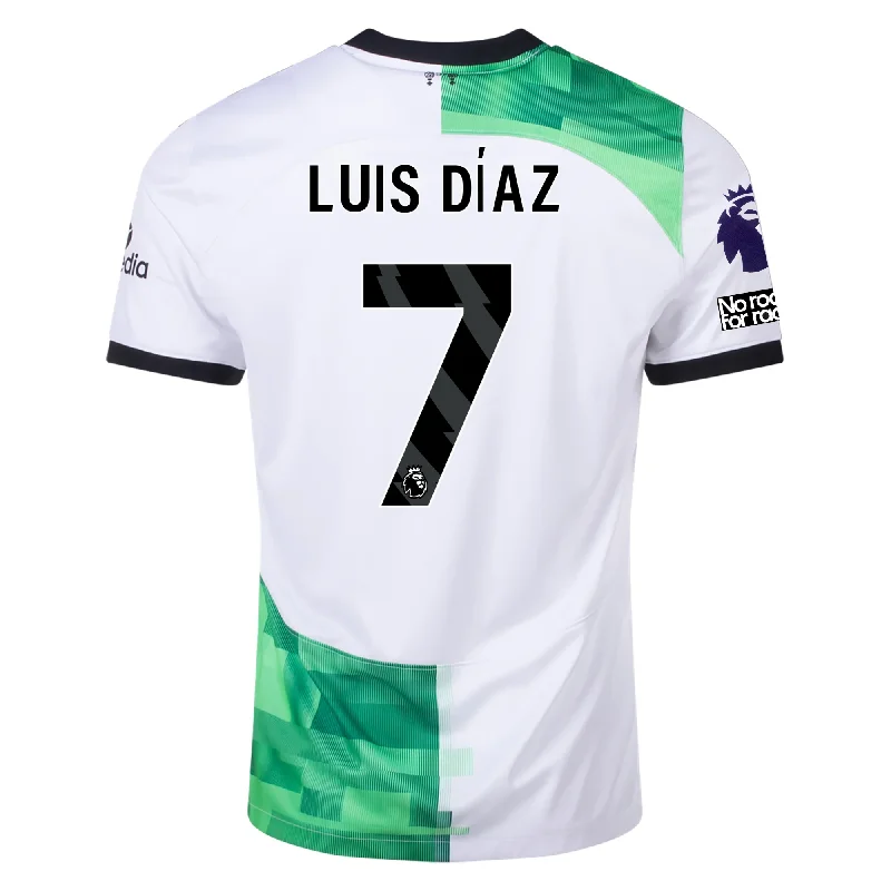 Nike Liverpool Away Luis Diaz Jersey w/ EPL + No Room For Racism Patches 23/24 (White/Green Spark) Sleek Men's Contemporary 