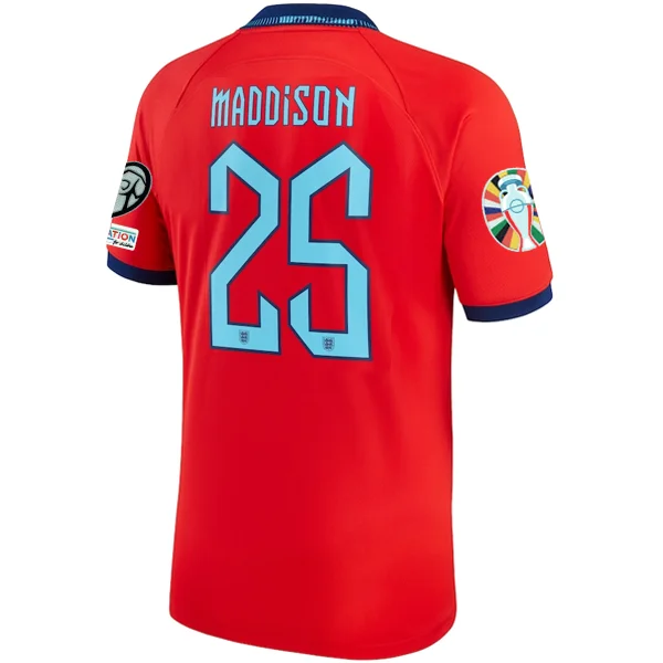 Nike England James Maddison Away Jersey 22/23 w/ Euro Qualifier Patches (Challenge Red/Blue Void) Earthy Men's Sustainable Nike England James Maddison Away Jersey 22/23 w/ Euro Qualifier Patches (Challenge Red/Blue Void) Earthy Men's Sustainable