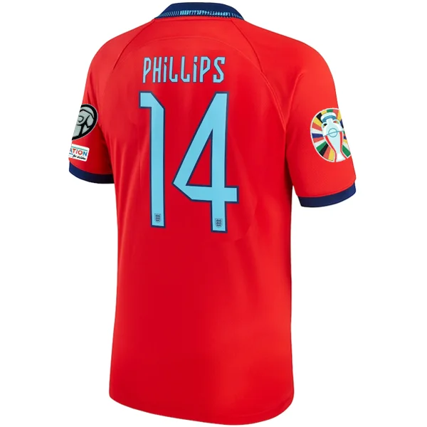 Nike England Kalvin Phillips Away Jersey 22/23 w/ Euro Qualifier Patches (Challenge Red/Blue Void) Traditional Men's Country Nike England Kalvin Phillips Away Jersey 22/23 w/ Euro Qualifier Patches (Challenge Red/Blue Void) Traditional Men's Country