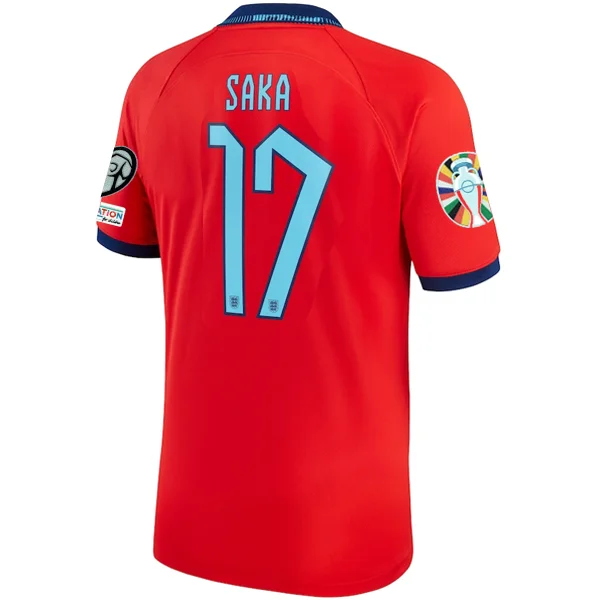 Nike England Bukayo Saka Away Jersey 22/23 w/ Euro Qualifier Patches (Challenge Red/Blue Void) Unique Men's Upcycled Nike England Bukayo Saka Away Jersey 22/23 w/ Euro Qualifier Patches (Challenge Red/Blue Void) Unique Men's Upcycled
