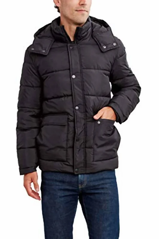 Men's Water And Wind Resistant Hooded Puffer Jacket In Solid Black Bold Men's Animal