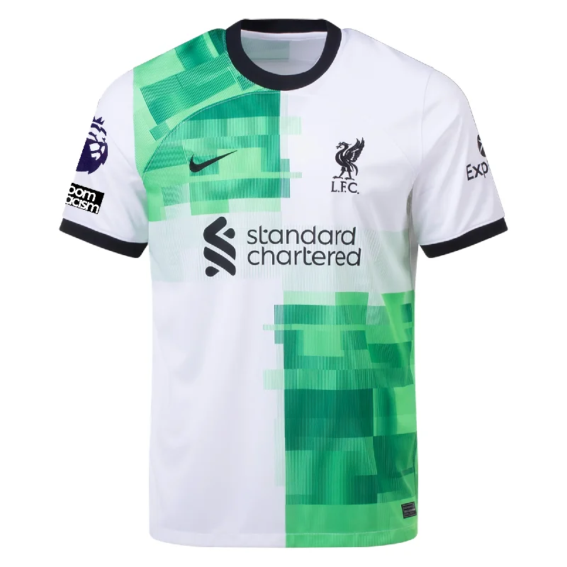 Nike Liverpool Away Jersey w/ EPL + No Room For Racism Patches 23/24 (White/Green Spark) Youthful Men's Pop Nike Liverpool Away Jersey w/ EPL + No Room For Racism Patches 23/24 (White/Green Spark) Youthful Men's Pop