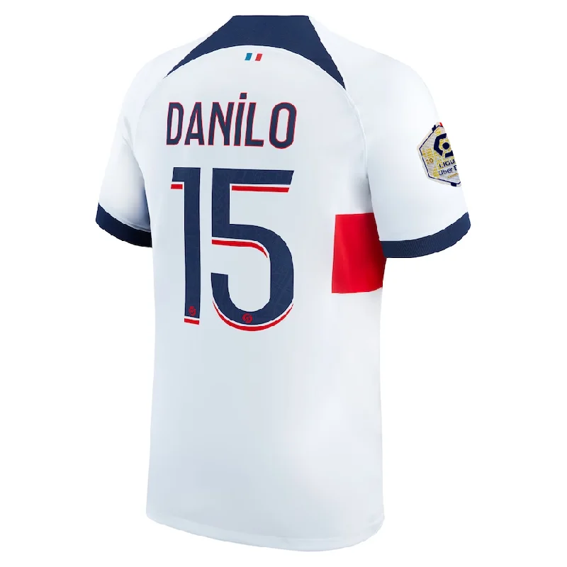 Nike Paris Saint-Germain Danilo Away Jersey w/ Ligue 1 Patch 23/24 (White/Midnight Navy) Casual Men's Short Nike Paris Saint-Germain Danilo Away Jersey w/ Ligue 1 Patch 23/24 (White/Midnight Navy) Casual Men's Short