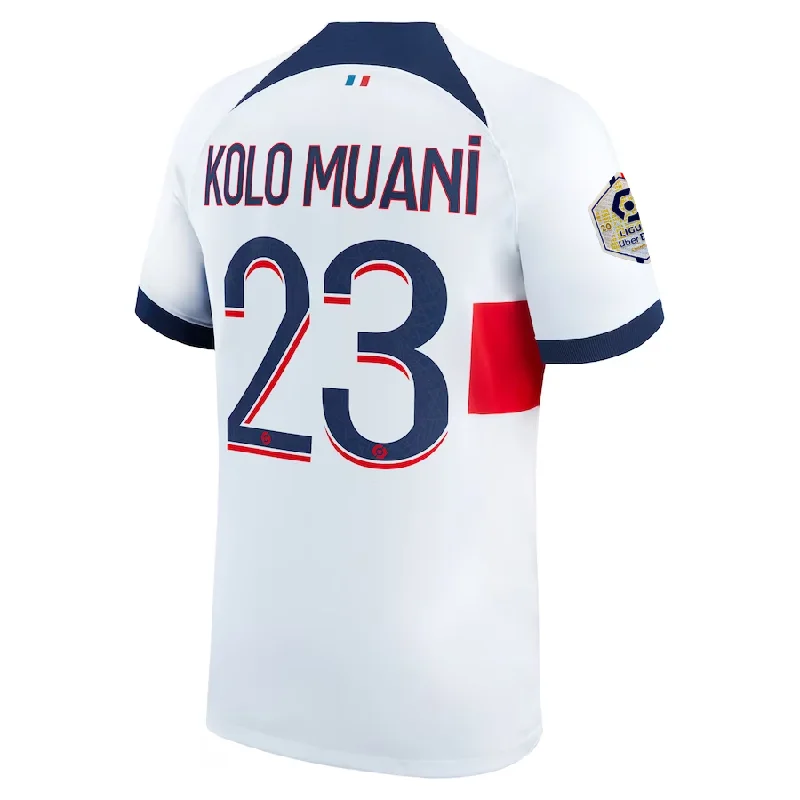 Nike Paris Saint-Germain Kolo Muani Away Jersey w/ Ligue 1 Patch 23/24 (White/Midnight Navy) Earthy Men's Hemp Nike Paris Saint-Germain Kolo Muani Away Jersey w/ Ligue 1 Patch 23/24 (White/Midnight Navy) Earthy Men's Hemp