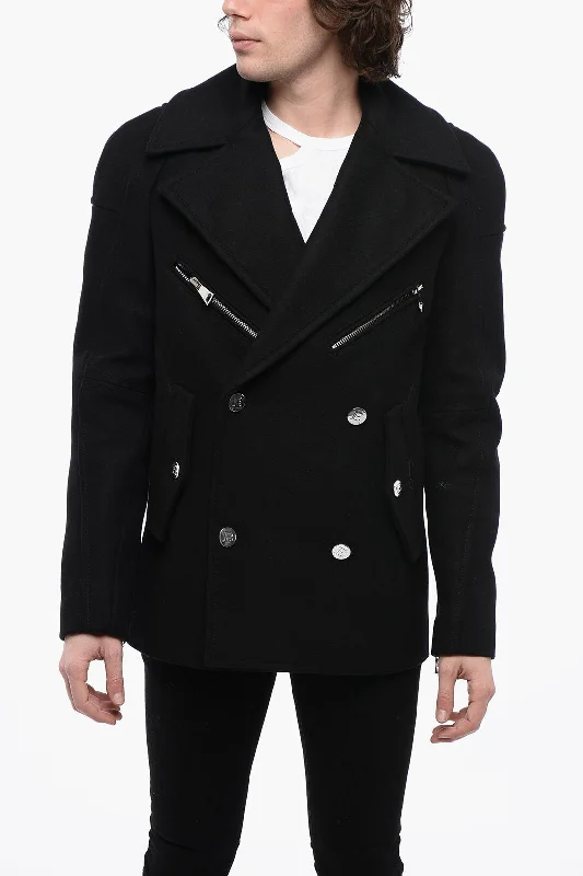 Balmain Double-Breasted Virgin Wool Blend Coat With Logoed Buttons Sophisticated Men's Balmain Double-Breasted Virgin Wool Blend Coat With Logoed Buttons Sophisticated Men's