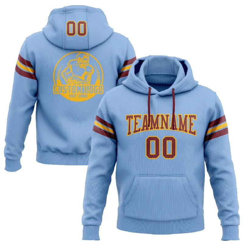 Custom Stitched Light Blue Burgundy-Gold Football Pullover Sweatshirt Hoodie Artistic Men's Hand Custom Stitched Light Blue Burgundy-Gold Football Pullover Sweatshirt Hoodie Artistic Men's Hand