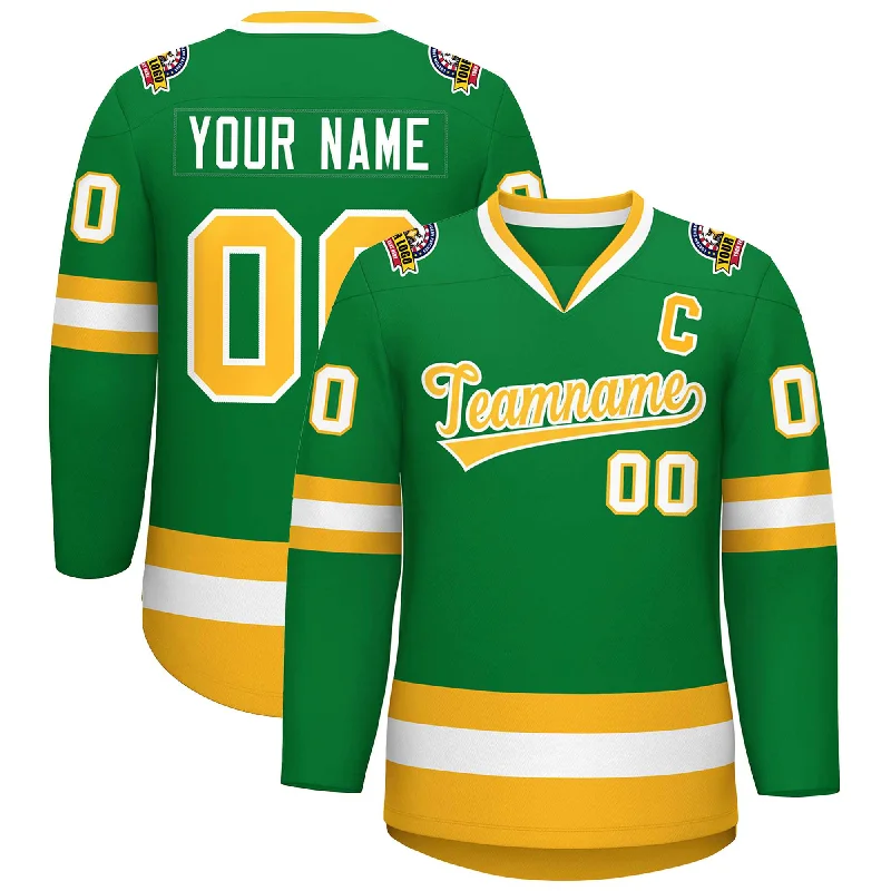 Custom Kelly Green Gold-White Classic Style Hockey Jersey Stylish Men's Neon