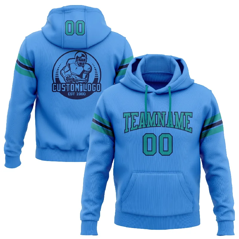Custom Stitched Powder Blue Teal-Navy Football Pullover Sweatshirt Hoodie Laid