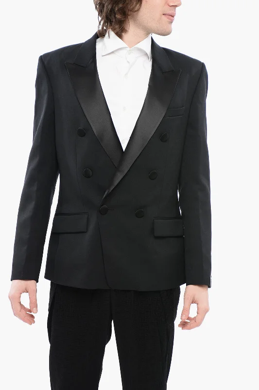 Balmain Double-Breasted Stretch Wool Blazer With Satin Lapel Adventure