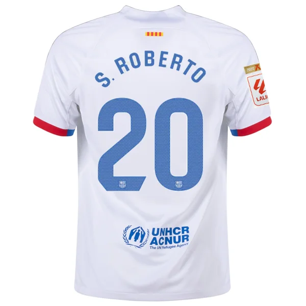 Nike Barcelona Sergi Roberto Away Jersey w/ La Liga Champions Patches 23/24 (White/Royal Blue) Artistic Men's Avant Nike Barcelona Sergi Roberto Away Jersey w/ La Liga Champions Patches 23/24 (White/Royal Blue) Artistic Men's Avant