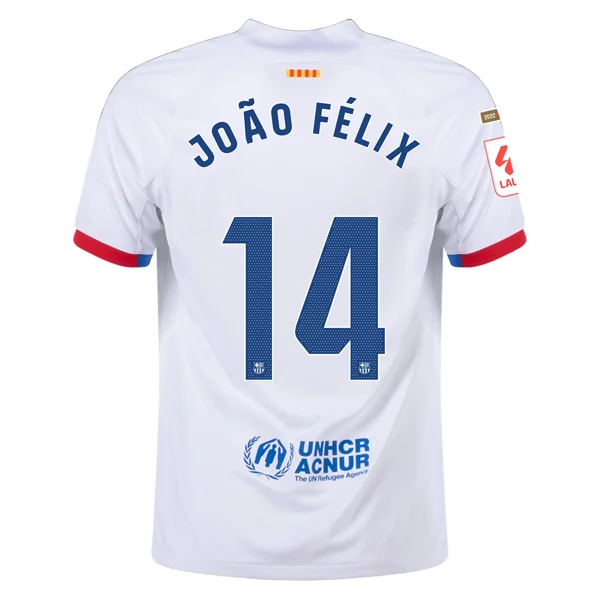Nike Barcelona João Félix Away Jersey w/ La Liga Champions Patches 23/24 (White/Royal Blue) Dynamic Men's High Nike Barcelona João Félix Away Jersey w/ La Liga Champions Patches 23/24 (White/Royal Blue) Dynamic Men's High