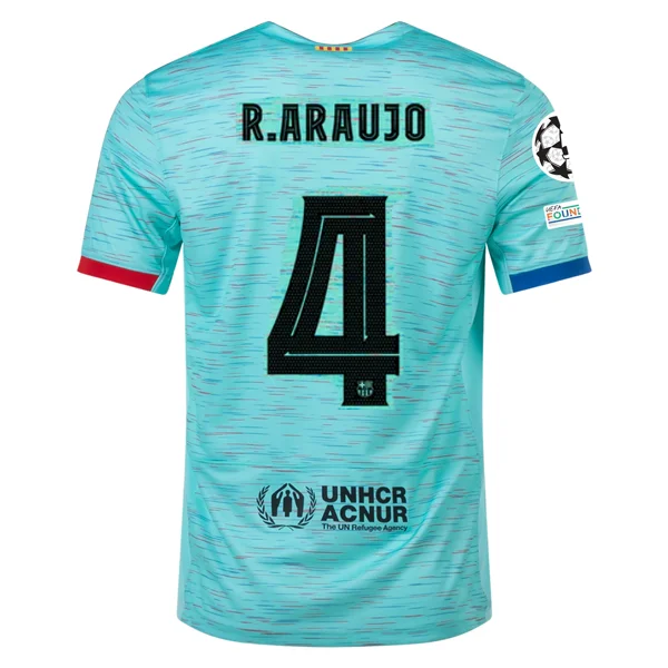 Nike Barcelona Ronald Araujo Third Jersey w/ Champions League Patches 23/24 (Light Aqua/Royal Blue) Modern Men's Tech Nike Barcelona Ronald Araujo Third Jersey w/ Champions League Patches 23/24 (Light Aqua/Royal Blue) Modern Men's Tech