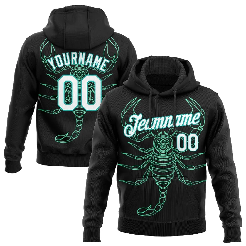 Custom Stitched Black White-Aqua 3D Pattern Design Scorpio Sports Pullover Sweatshirt Hoodie Bold Men's Statement Custom Stitched Black White-Aqua 3D Pattern Design Scorpio Sports Pullover Sweatshirt Hoodie Bold Men's Statement