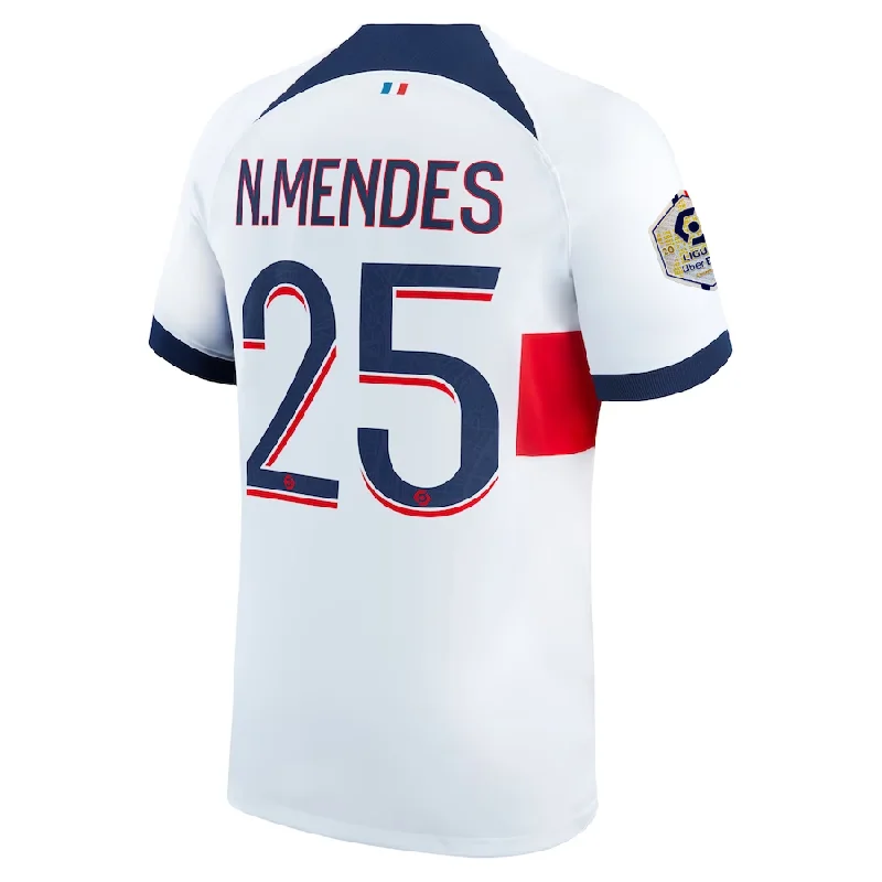 Nike Paris Saint-Germain Nuno Mendes Away Jersey w/ Ligue 1 Patch 23/24 (White/Midnight Navy) Modern Men's Geometric Nike Paris Saint-Germain Nuno Mendes Away Jersey w/ Ligue 1 Patch 23/24 (White/Midnight Navy) Modern Men's Geometric