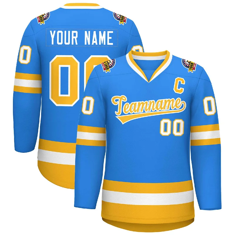 Custom Powder Blue Gold-White Classic Style Hockey Jersey Trendy Men's Scandinavian