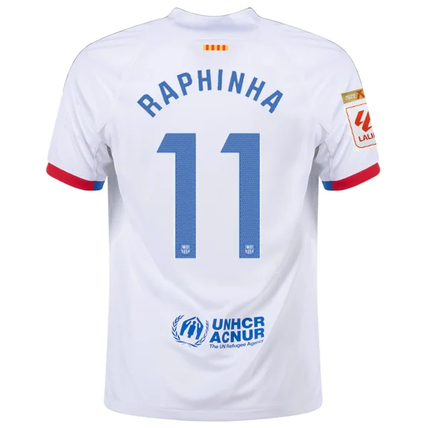 Nike Barcelona Raphinha Away Jersey w/ La Liga Champions Patches 23/24 (White/Royal Blue) Confident Men's Power Nike Barcelona Raphinha Away Jersey w/ La Liga Champions Patches 23/24 (White/Royal Blue) Confident Men's Power