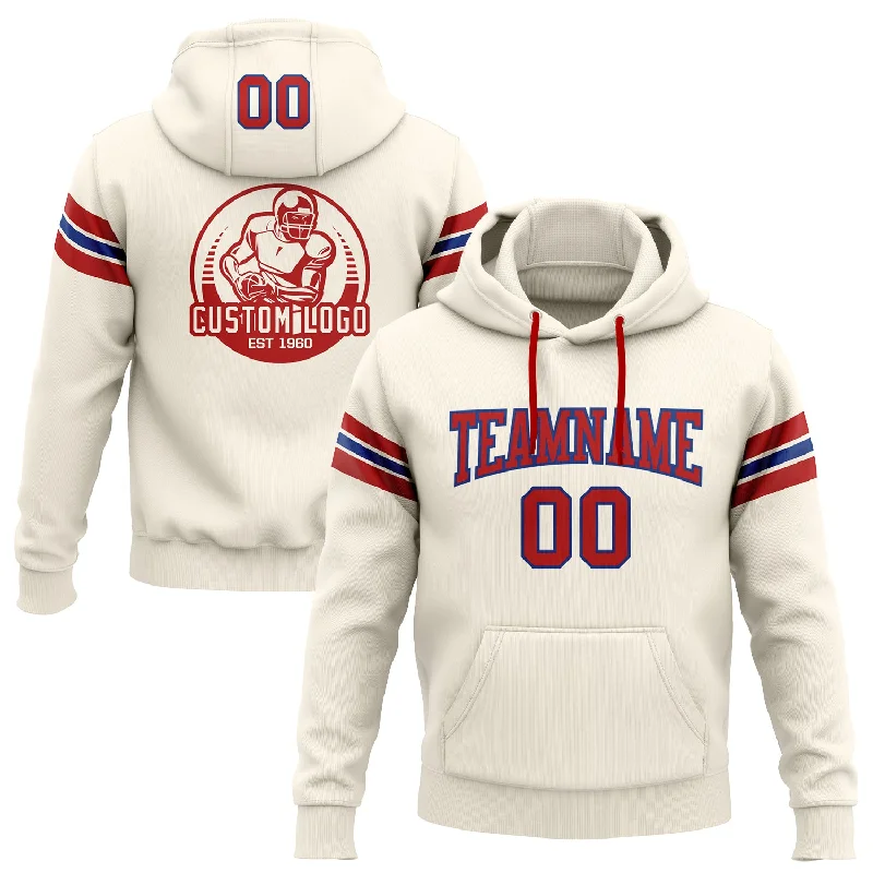 Custom Stitched Cream Red-Royal Football Pullover Sweatshirt Hoodie Laid