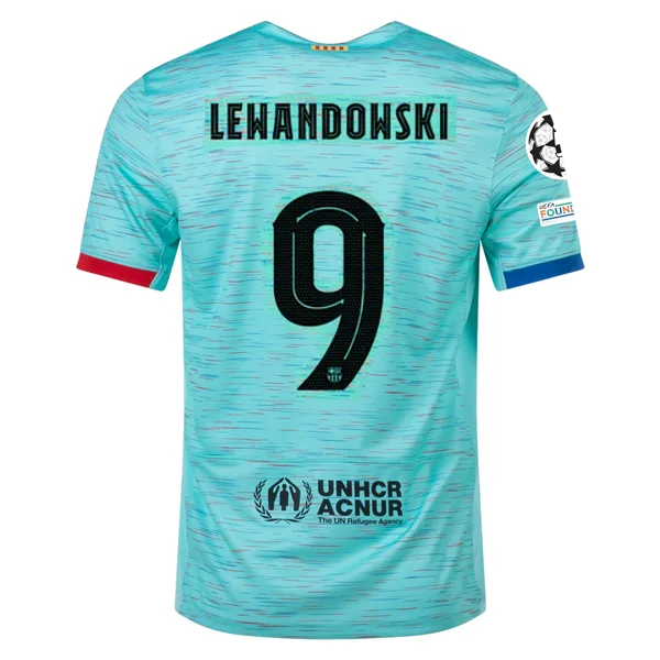 Nike Barcelona Robert Lewandowski Third Jersey w/ Champions League Patches 23/24 (Light Aqua/Royal Blue) Sharp Men's Italian Nike Barcelona Robert Lewandowski Third Jersey w/ Champions League Patches 23/24 (Light Aqua/Royal Blue) Sharp Men's Italian