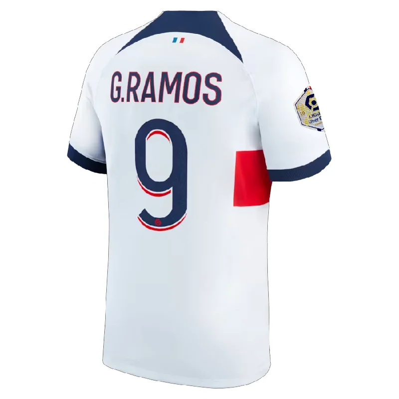 Nike Paris Saint-Germain Goncalo Ramos Away Jersey w/ Ligue 1 Patch 23/24 (White/Midnight Navy) Elegant Men's Formal Nike Paris Saint-Germain Goncalo Ramos Away Jersey w/ Ligue 1 Patch 23/24 (White/Midnight Navy) Elegant Men's Formal