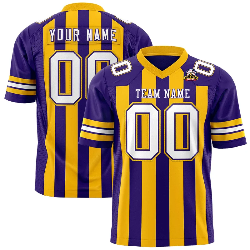 Custom Purple Gold Personalized Thick Stripe Design Authentic Football Jersey Streetwear Style Custom Purple Gold Personalized Thick Stripe Design Authentic Football Jersey Streetwear Style