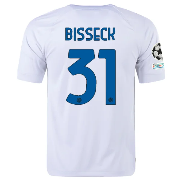 Nike Inter Milan Yann Aurel Bisseck Away Jersey w/ Champions League + Copa Italia Patches 23/24 (White/Lyon Blue) Casual Men's Short Nike Inter Milan Yann Aurel Bisseck Away Jersey w/ Champions League + Copa Italia Patches 23/24 (White/Lyon Blue) Casual Men's Short