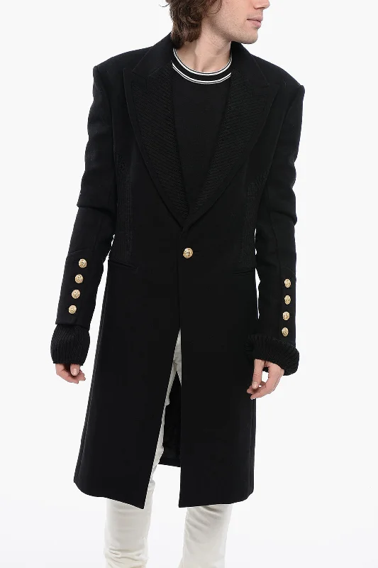 Balmain Virgin Wool Blend Coat With Ribbed Knitted Details Bohemian Men's Free