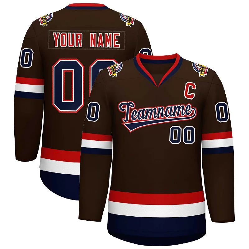 Custom Brown Navy White-Red Classic Style Hockey Jersey Gym
