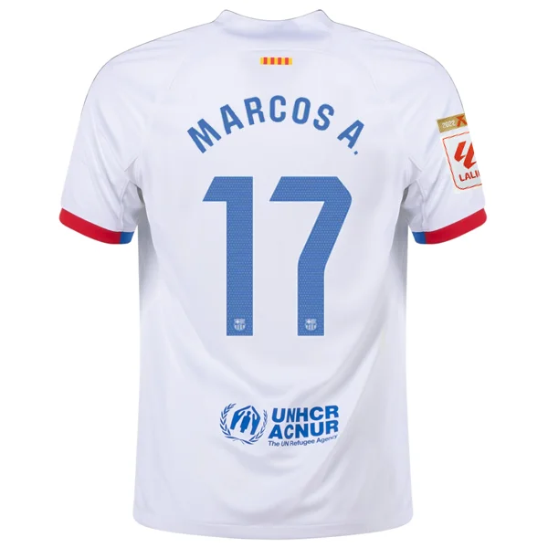Nike Barcelona Marcos Alonso Away Jersey w/ La Liga Champions Patches 23/24 (White/Royal Blue) Earthy Men's Sustainable Nike Barcelona Marcos Alonso Away Jersey w/ La Liga Champions Patches 23/24 (White/Royal Blue) Earthy Men's Sustainable