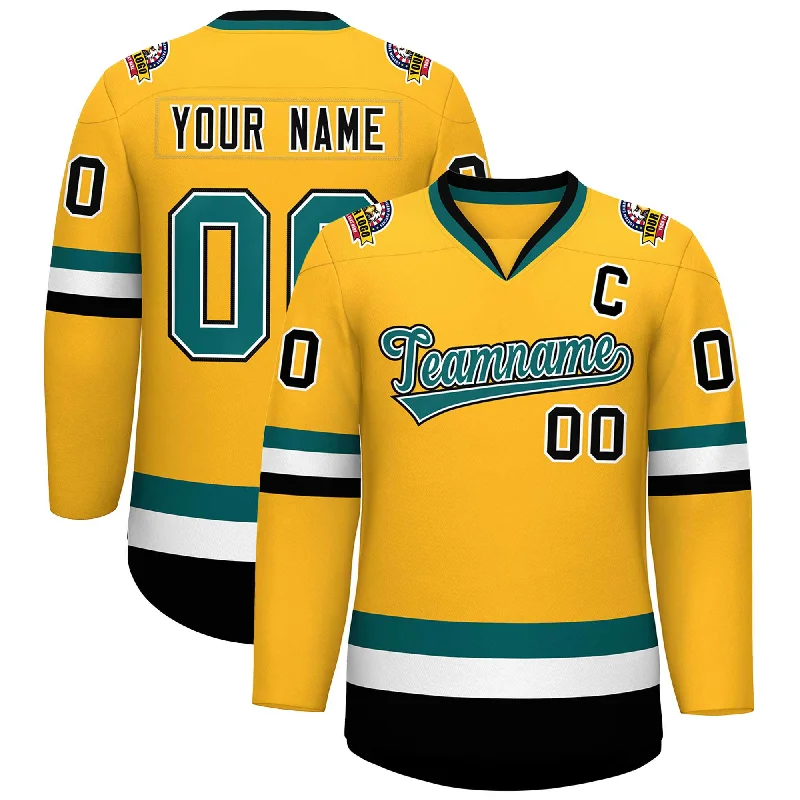 Custom Gold Aqua White-Black Classic Style Hockey Jersey Lumberjack
