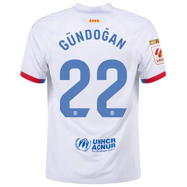 Nike Barcelona İlkay Gündoğan Away Jersey w/ La Liga Champions Patches 23/24 (White/Royal Blue) Cool Men's Distressed Nike Barcelona İlkay Gündoğan Away Jersey w/ La Liga Champions Patches 23/24 (White/Royal Blue) Cool Men's Distressed