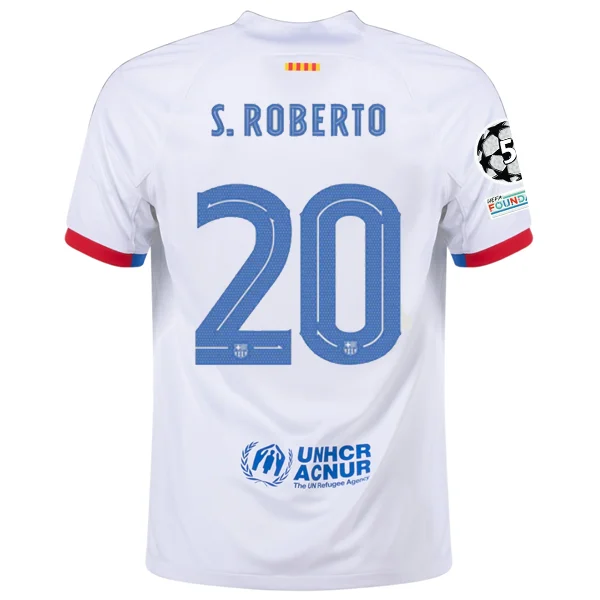 Nike Barcelona Sergi Roberto Away Jersey w/ Champions League Patches 23/24 (White/Royal Blue) Refined Men's Hand Nike Barcelona Sergi Roberto Away Jersey w/ Champions League Patches 23/24 (White/Royal Blue) Refined Men's Hand