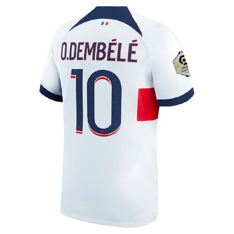 Nike Paris Saint-Germain Ousmane Dembele Away Jersey w/ Ligue 1 Patch 23/24 (White/Midnight Navy) Modern Men's Tech Nike Paris Saint-Germain Ousmane Dembele Away Jersey w/ Ligue 1 Patch 23/24 (White/Midnight Navy) Modern Men's Tech