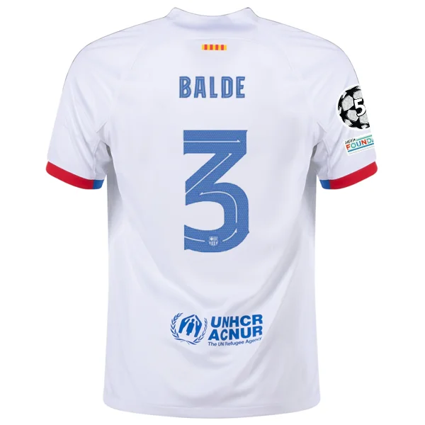 Nike Barcelona Alejandro Balde Away Jersey w/ Champions League Patches 23/24 (White/Royal Blue) Cool Men's Skate