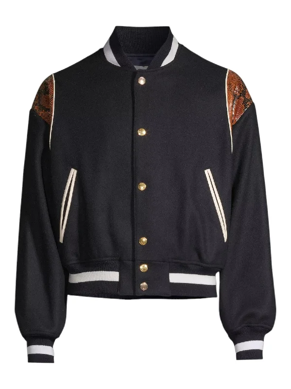 Bally 6305032 Men's Navy Wool-Blend Snakeskin-Embossed Bomber Jacket Modern Men's Tech
