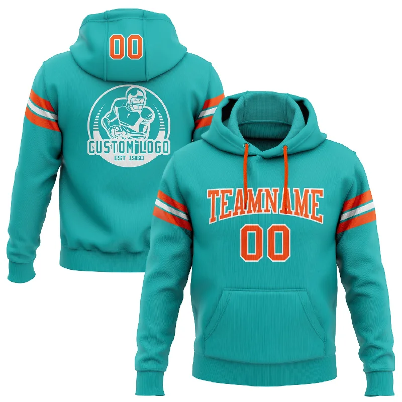 Custom Stitched Aqua Orange-White Football Pullover Sweatshirt Hoodie Sleek Men's Metallic Custom Stitched Aqua Orange-White Football Pullover Sweatshirt Hoodie Sleek Men's Metallic