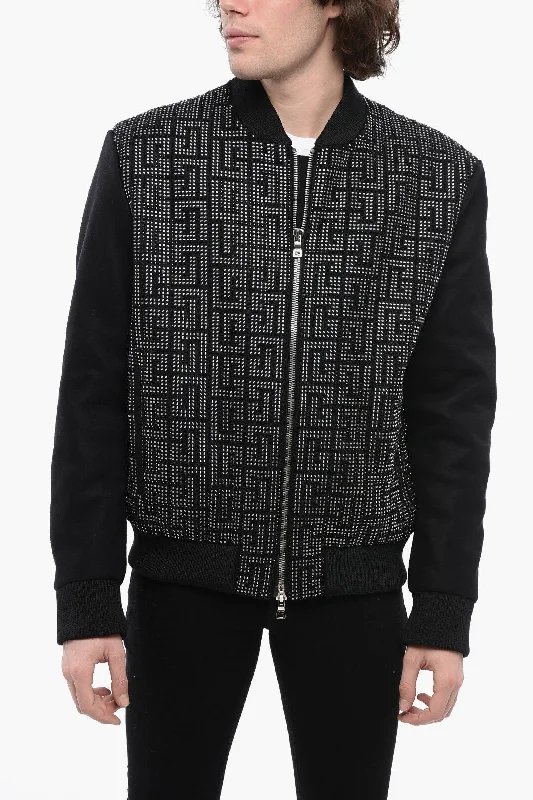Balmain Wool Blend Bomber Jacket With Rhinestoned Monogram Pattern Beach