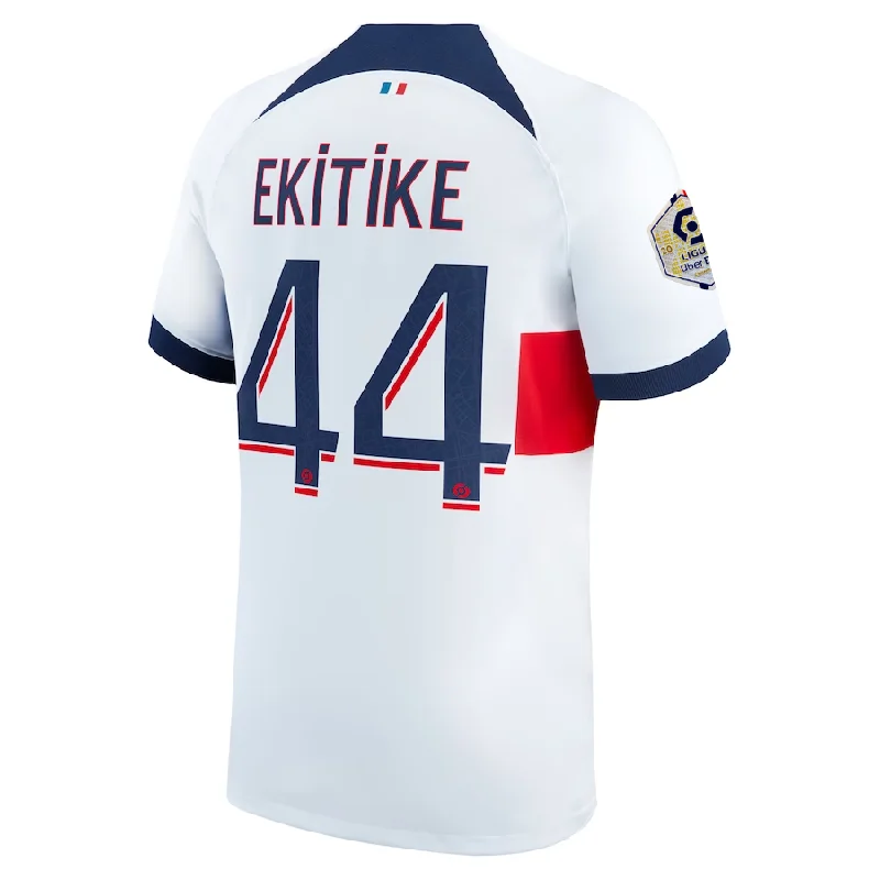 Nike Paris Saint-Germain Huge Etikike Away Jersey w/ Ligue 1 Patch 23/24 (White/Midnight Navy) Polished Men's Silk Nike Paris Saint-Germain Huge Etikike Away Jersey w/ Ligue 1 Patch 23/24 (White/Midnight Navy) Polished Men's Silk